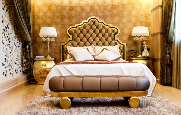 Picture gold, bed, mansion, luxury, bedroom, lamps