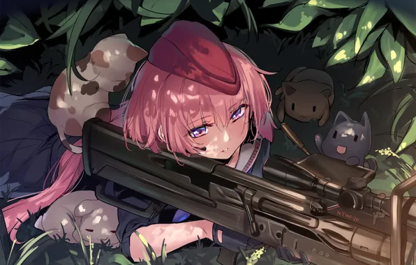 Picture girl, gun, weapon, nothing, cat, animal, sniper, rifle, japanese, vegetation, bishojo, Girls Frontline, pink hairl
