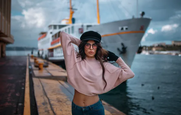 Picture girl, pose, ship, pier, glasses, cap, sweater, Hakan Erenler, Negin