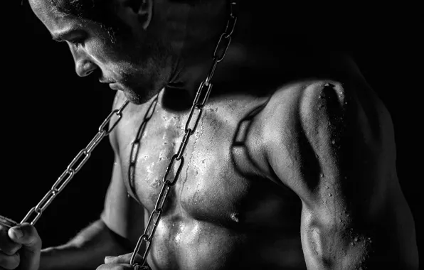 Picture black and white, chain, guy, monochrome, muscles