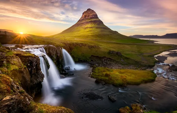 Picture the sun, river, rocks, mountain, waterfalls, Iceland.