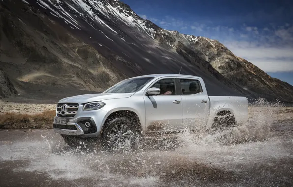 Picture water, mountains, squirt, grey, Mercedes-Benz, silver, pickup, 2017, X-Class