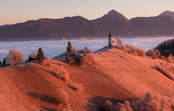 Picture mountains, fog, morning, Church