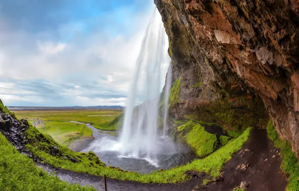 Picture greens, grass, rock, stones, waterfall, moss, Iceland, Seljalandsfoss