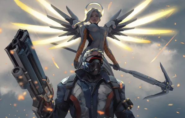 Picture gun, game, soldier, mecha, weapon, rifle, mask, seifuku, Overwatch, Mercy, Soldier 76, agel, by wlop