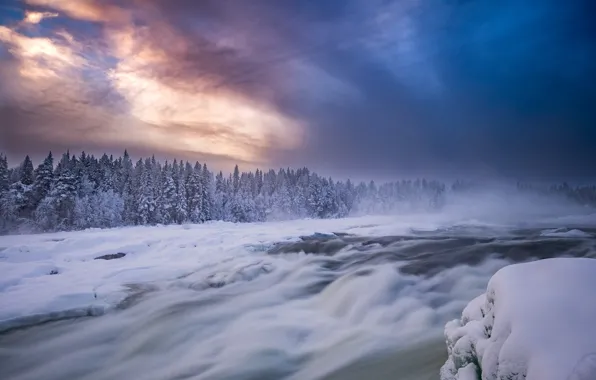 Picture winter, forest, snow, sunset, river, Sweden, Sweden, the threshold, Pite River, river Pitealven, Storforsen