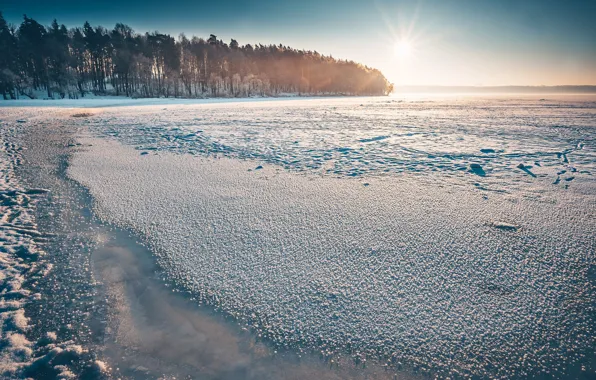 Picture winter, light, morning, Lithuania, Frozen Kaunas Sea