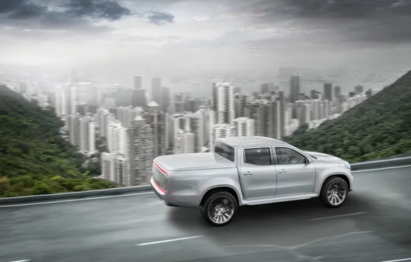 Picture road, white, the sky, mountains, the city, movement, vegetation, Mercedes-Benz, pickup, X-Class Concept