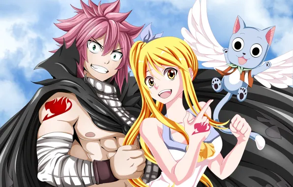 Picture anime, art, Fairy Tail, Natsu, Lucy, Happy, Fairy tail