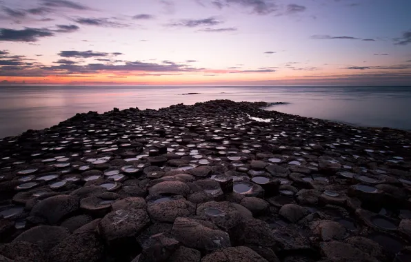 Picture twilight, sky, sea, landscape, coast, nature, sunset, clouds, rocks, Ireland, Giant's Causeway, rock formation