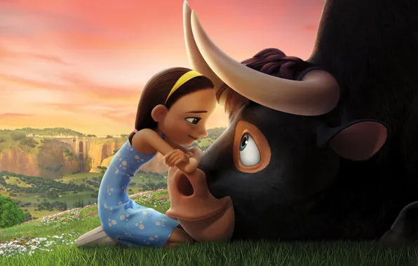 Picture girl, bull, friends, animated film, Ferdinand, animated movie