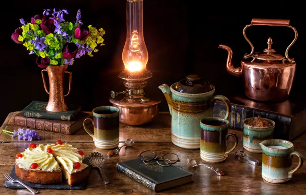 Picture flowers, lamp, coffee, bouquet, kettle, glasses, tulips, cake, book, still life