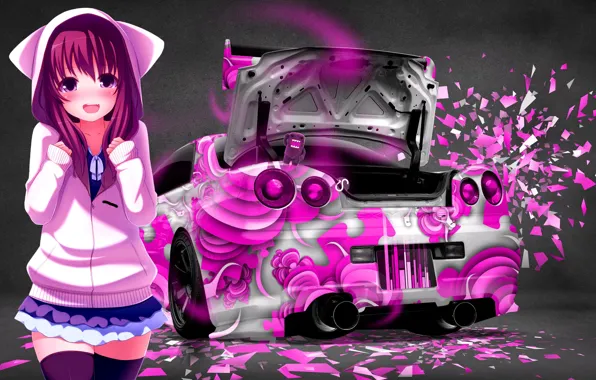 Picture Girl, Auto, Machine, Nissan, Pink, Anime, Stockings, Skirt, Car, Nissan Skyline GT-R R34 (BNR34), Chan, …