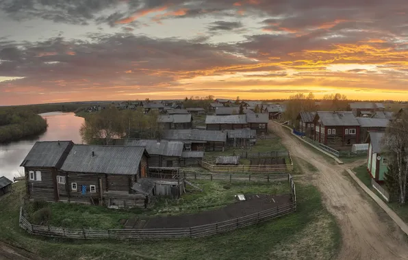 Picture summer, river, the evening, village, Arkhangelsk oblast, Kimzha
