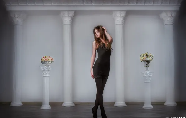 Picture flowers, pose, style, model, figure, columns, black dress, Anastasia Ljubytinsky, Alexander Drobkov-Light