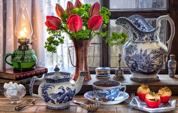 Picture flowers, style, tea, books, lamp, window, the tea party, tulips, sugar, set, cupcakes