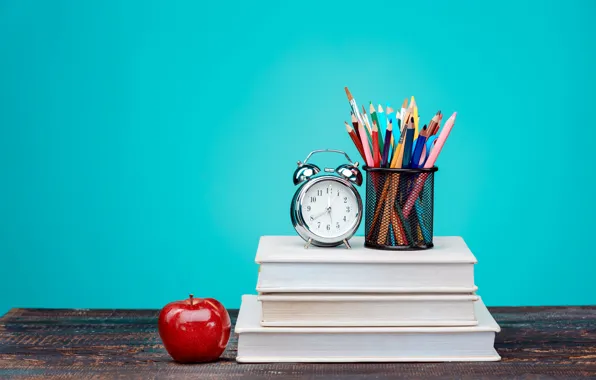 Picture table, background, watch, books, Apple, pencils, alarm clock, colorful