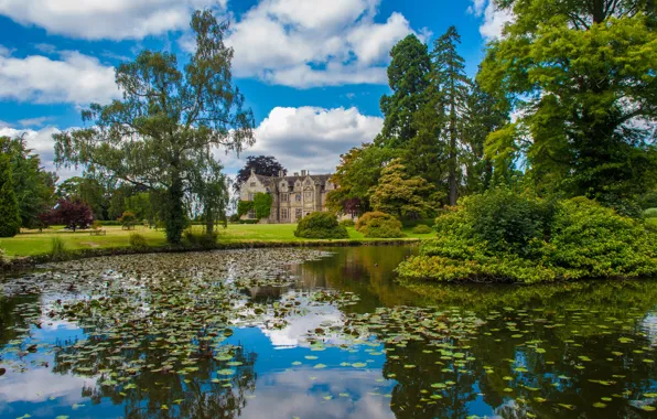 Picture England, Clouds, Pond, Summer, The building, Park, Nature, Clouds, Architecture, Park, England, Summer, Pond, Architecture