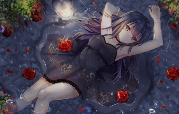 Picture water, girl, flowers, anime, art