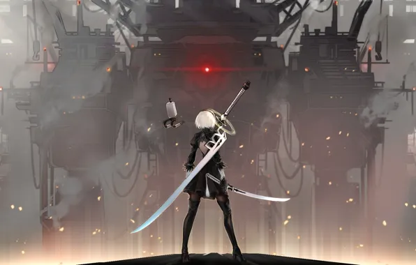 Picture fog, katana, blade, sparks, game, cool, super-weapons, combat robot, 2b yorha, nier automata, Glory to …