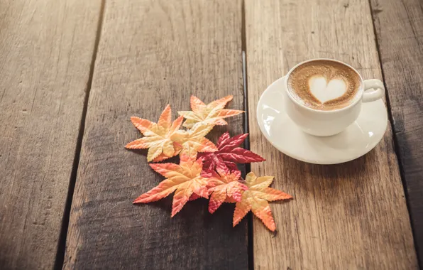 Picture autumn, leaves, love, heart, coffee, Cup, love, heart, wood, autumn, leaves, cup, romantic, coffee, autumn, …