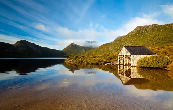 Picture mountains, lake, reflection, calm, Australia, Tasmania, elling, Dove Lake, Cradle Mountain, boatshed