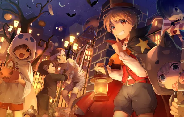 Picture night, children, anime, art, costumes, Halloween