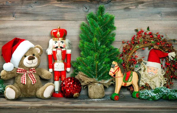 Wallpaper branches, red, holiday, toys, ball, Christmas, bear, New year ...