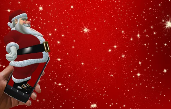 Picture hand, stars, Christmas, New year, Santa Claus, red background, smartphone