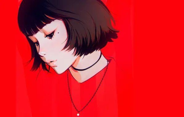 Picture face, haircut, mole, sponge, red background, bangs, portrait of a girl, Ilya Kuvshinov, the chain …