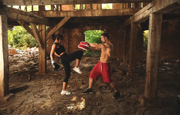 Picture girl, Boxing, blow, the ruins, gloves, guy, two, athletes, training