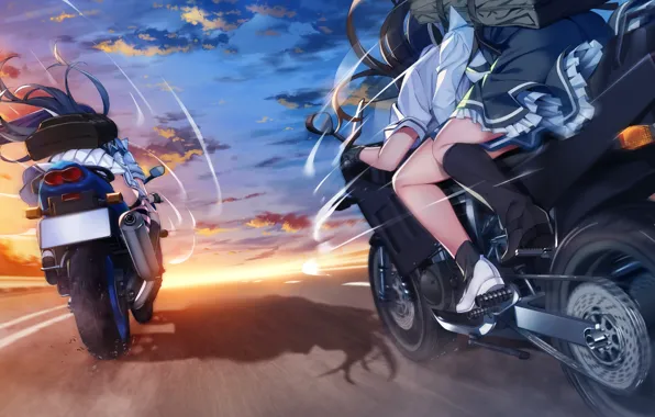 Picture road, girls, motorcycles, speed, anime, Grisaia: Phantom Trigger