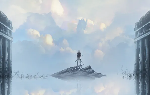 Picture the sky, clouds, dragon, home, anime, art, guy, asuteroid