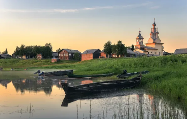 Picture river, dawn, boats, village, Arkhangelsk oblast, Kimzha