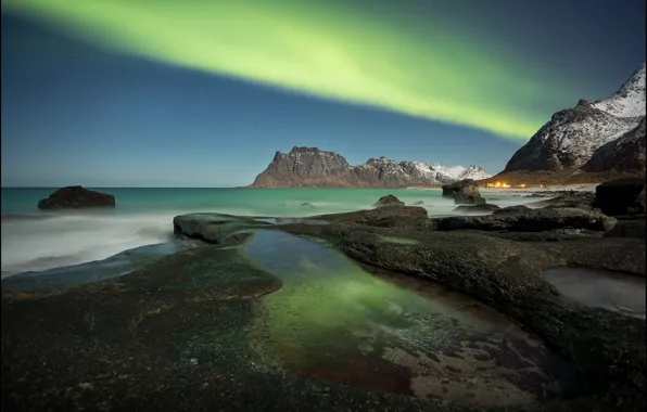 Picture sea, mountains, coast, Northern lights, Norway, Norway, Lofoten