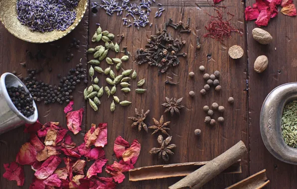 Picture grain, petals, pepper, cinnamon, seeds, wood, lavender, spices, cardamom, star anise
