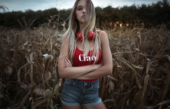 Picture field, grass, girl, pose, shorts, the evening, headphones, Mike, figure, hairstyle, blonde, red, photoshoot, nature, …