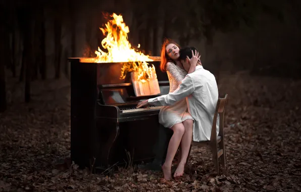 Picture forest, girl, mood, fire, foliage, the situation, guy, piano, piano, lovers, Damien Prokhorov, Symphony of …