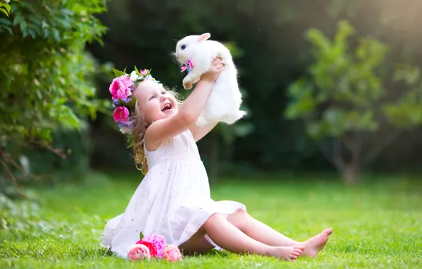 Picture summer, grass, joy, rabbit, dress, Girl, girl, friends, photoshoot, rabbit, little, child, joy