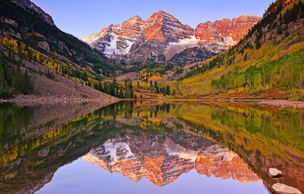 Picture autumn, lake, reflection, mountain, morning, USA