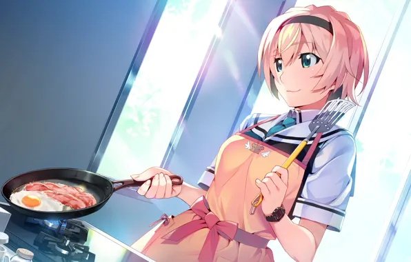 Picture girl, food, scrambled eggs, bacon, Grisaia: Phantom Trigger