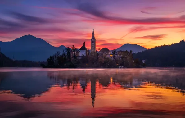 Picture the sky, clouds, light, lights, fog, lake, paint, morning, temple, Slovenia, Lake bled, Bled, St. …