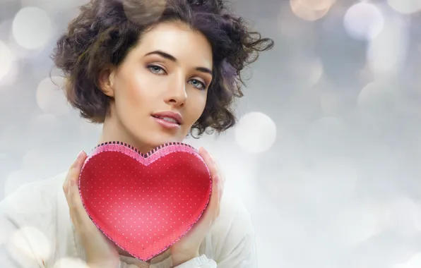 Picture look, glare, background, box, heart, makeup, hairstyle, brown hair, beauty, red, Valentine's day, in white