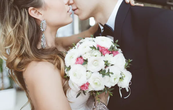 Picture love, hair, kiss, bouquet, earrings, hugs, love, the bride, wedding, kiss, the groom, bouquet, wedding, …