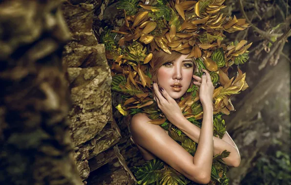 Picture look, leaves, girl, style, model, hands, makeup, Asian