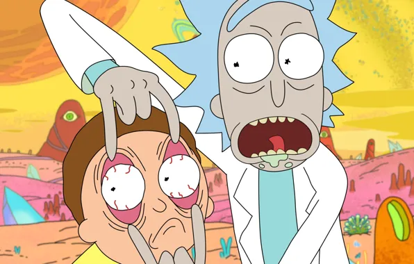 Picture language, eyes, background, planet, surprise, hairstyle, fingers, Bathrobe, crazy, drool, big eyes, Rick, Rick and …