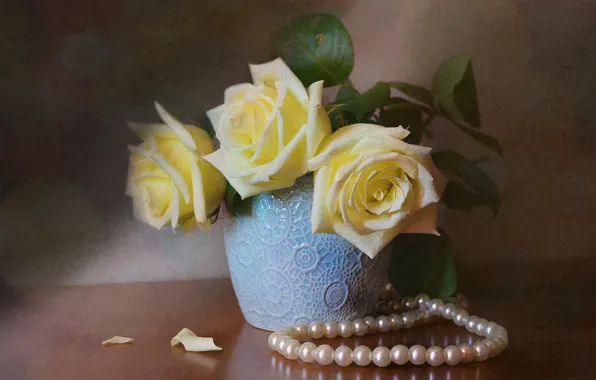 Picture flowers, table, roses, pearl, beads, vase, still life, bokeh