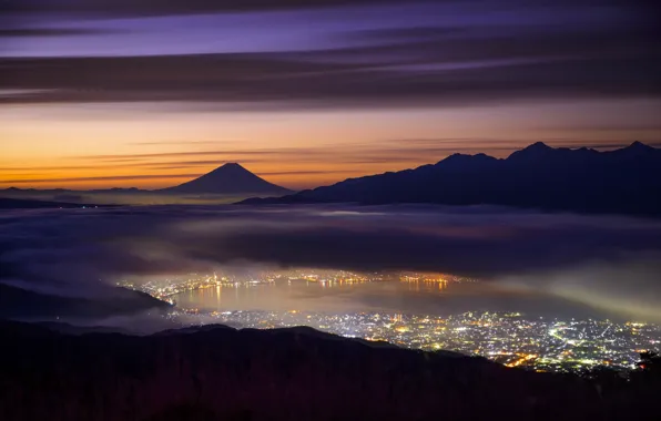 Picture light, mountains, night, the city, lights, fog, the evening, Japan, valley, mount Fuji, Fuji