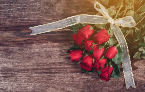 Picture flowers, roses, bouquet, tape, red, red, bow, buds, wood, flowers, romantic, roses, bud