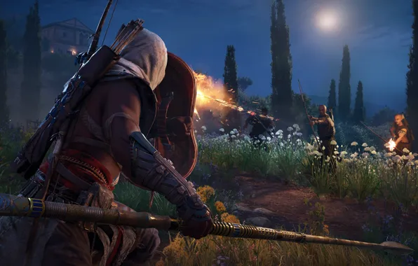 Picture game, weapon, man, fight, Assassin's Creed, assassin, bow, shield, arrow, spear, hood, Assassin's Creed Origins